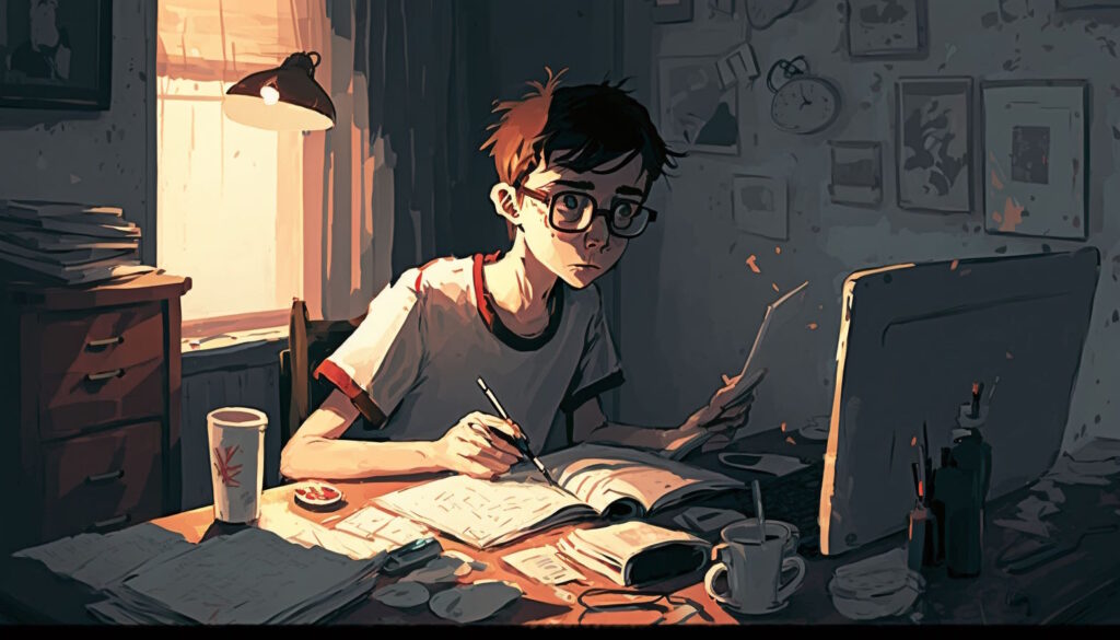 MidJourney eigene Bilder: Teenager in seinem Zimmer vorm PC