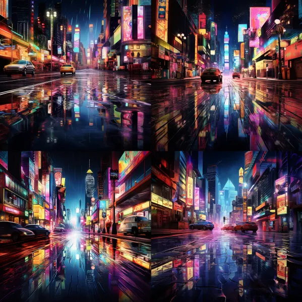 Midjourney-Prompts: Lively metropolis at night, glowing neon lights, reflection in the wet pavement.
