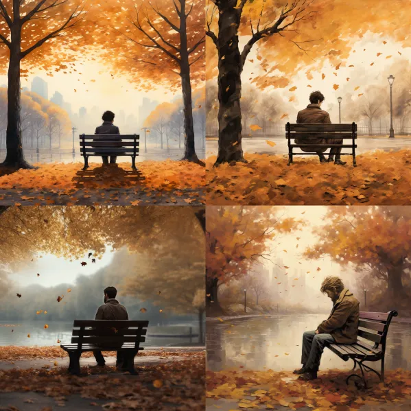 Midjourney-Prompts: A pensive person, sitting alone on a park bench, surrounded by autumn-colored leaves, while a gentle wind blows
