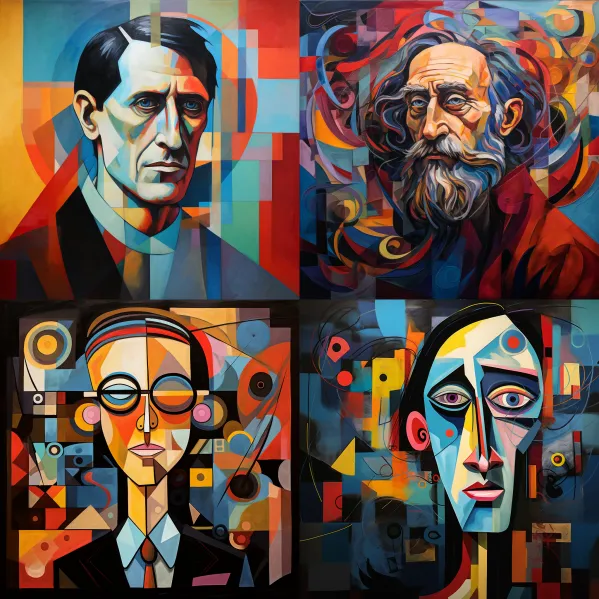 Midjourney-Prompts: A portrait of a person, the background is stylized in a mixture of Picasso and da Vinci, with modern colors and abstract forms.