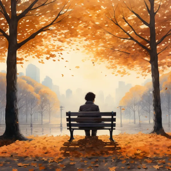 Midjourney-Prompts: A pensive person, sitting alone on a park bench, surrounded by autumn-colored leaves, while a gentle wind blows.