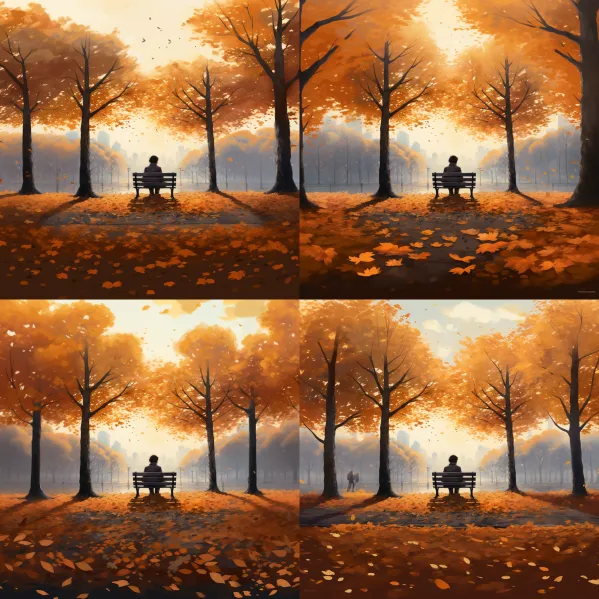 Midjourney-Prompts: A pensive person, sitting alone on a park bench, surrounded by autumn-colored leaves, while a gentle wind blows
