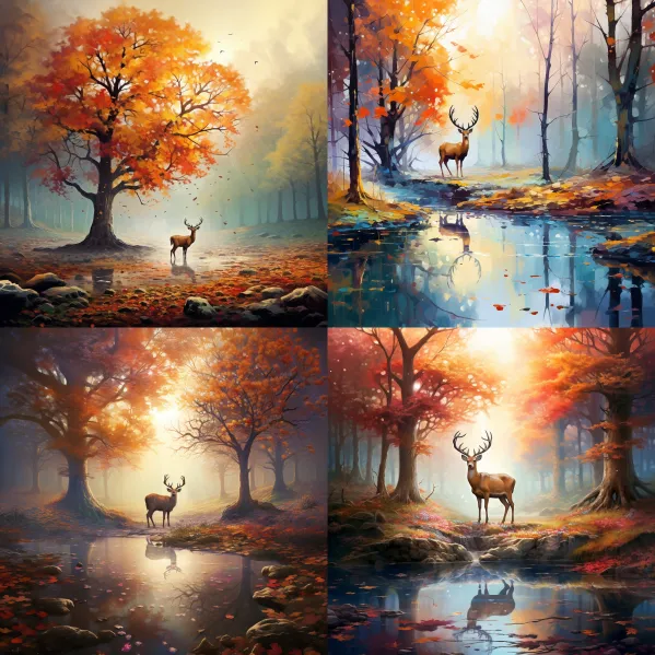 Midjourney-Prompts: Tree in autumn, leaves, colorful, forest, fog, morning light, deer, mushrooms, squirrel, puddle.