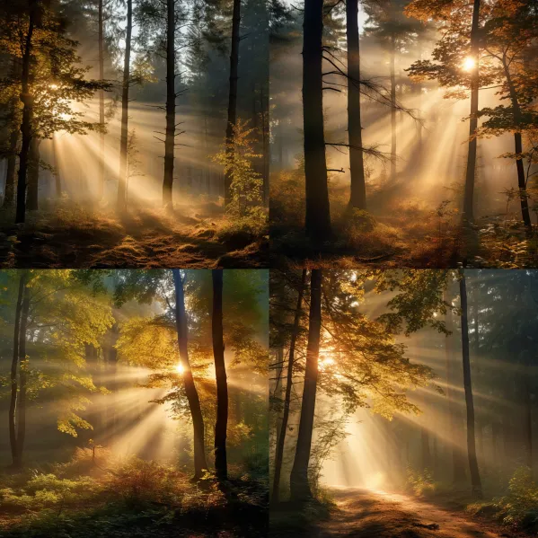 Midjourney-Prompts: Autumn forest in the morning mist, rays of sun break through the treetops. 