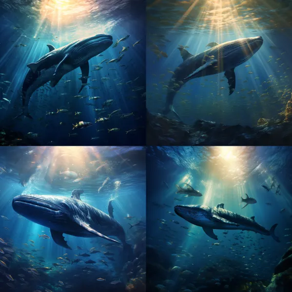 Midjourney-Prompts: A majestic blue whale dives into the deep ocean, surrounded by small fish and rays of sunlight penetrating the water
