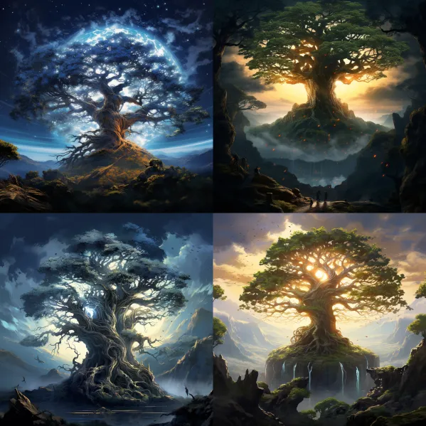 Midjourney-Prompts: A gigantic, ancient tree, its branches stretching like guardians over a luminous, mystical landscape.