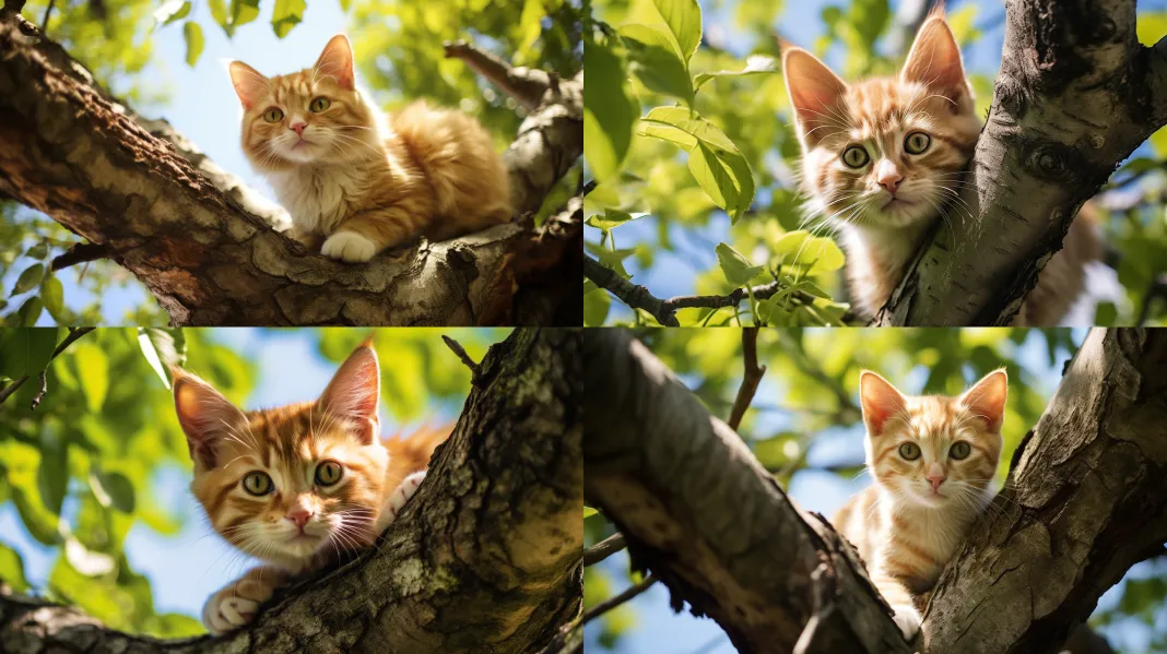 Midjourney-Prompts: A cat in a tree. --style raw --ar 16:9