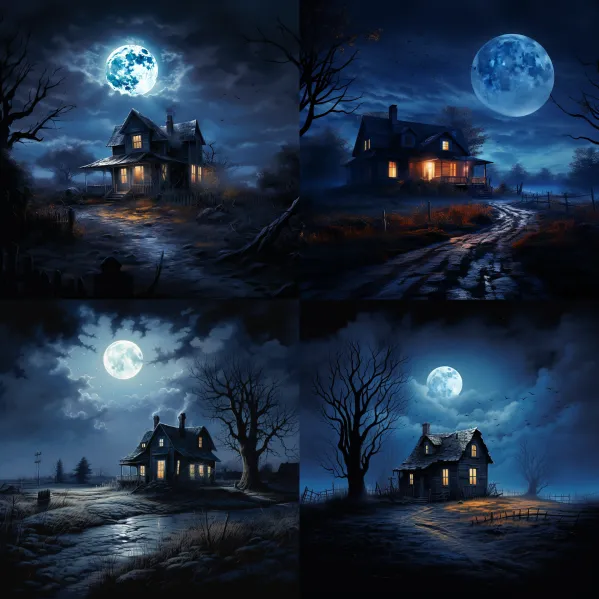 Midjourney-Prompts: A lonely house at night, illuminated by the soft glow of the full moon and surrounded by a mysterious bluish glow.
