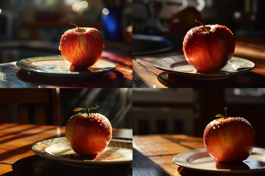 Ein Apfel auf dem Küchentisch - mit Midjourney v6 generiert