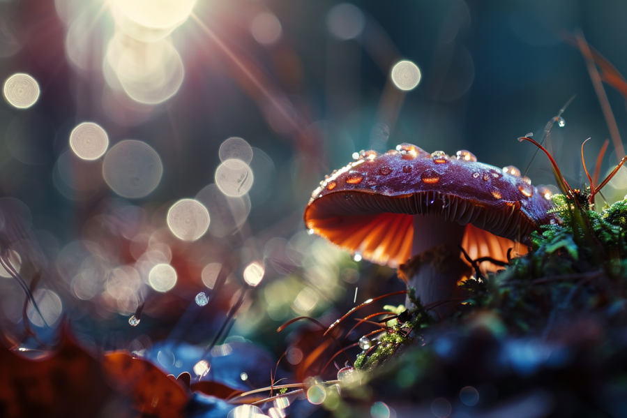 MidJourney V6: mushroom, dewdrops, cinematic, dramatic lighting, lens flare, bokeh