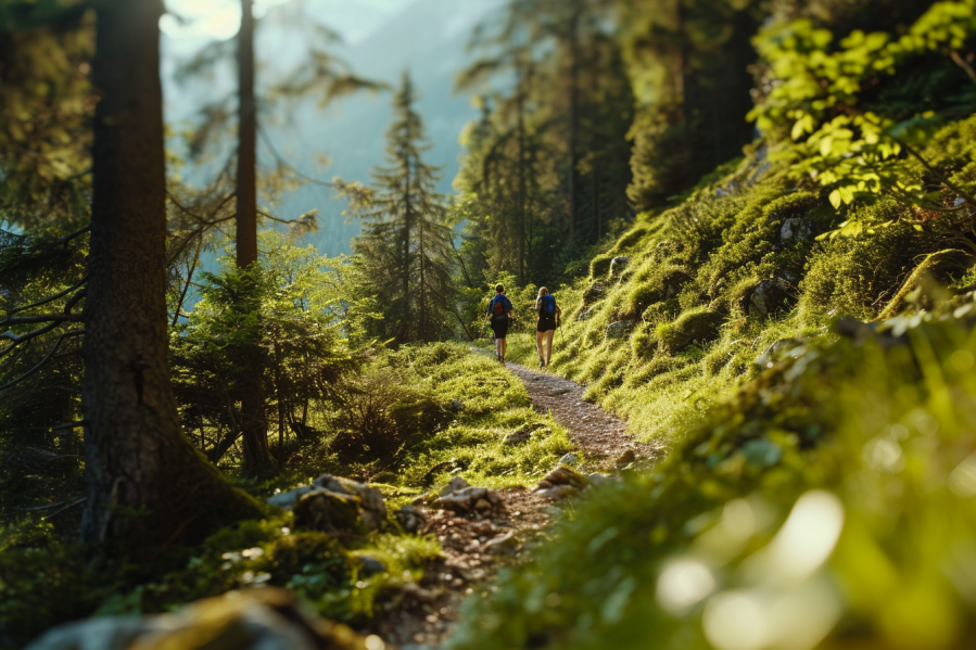 MidJourney v6: hikers on a hiking trail in the middle of the forest on a mountain, wildlife can be seen, green colors, Highly detailed tilt-shift lens photography,cinematic --s 50 --v 6.0 --style raw --ar 3:2